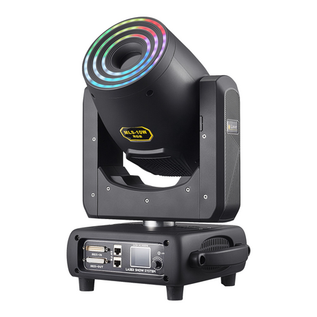 The front view has a user interface LED screen with control buttons for menu navigation, along with ILDA and RJ45 ports.